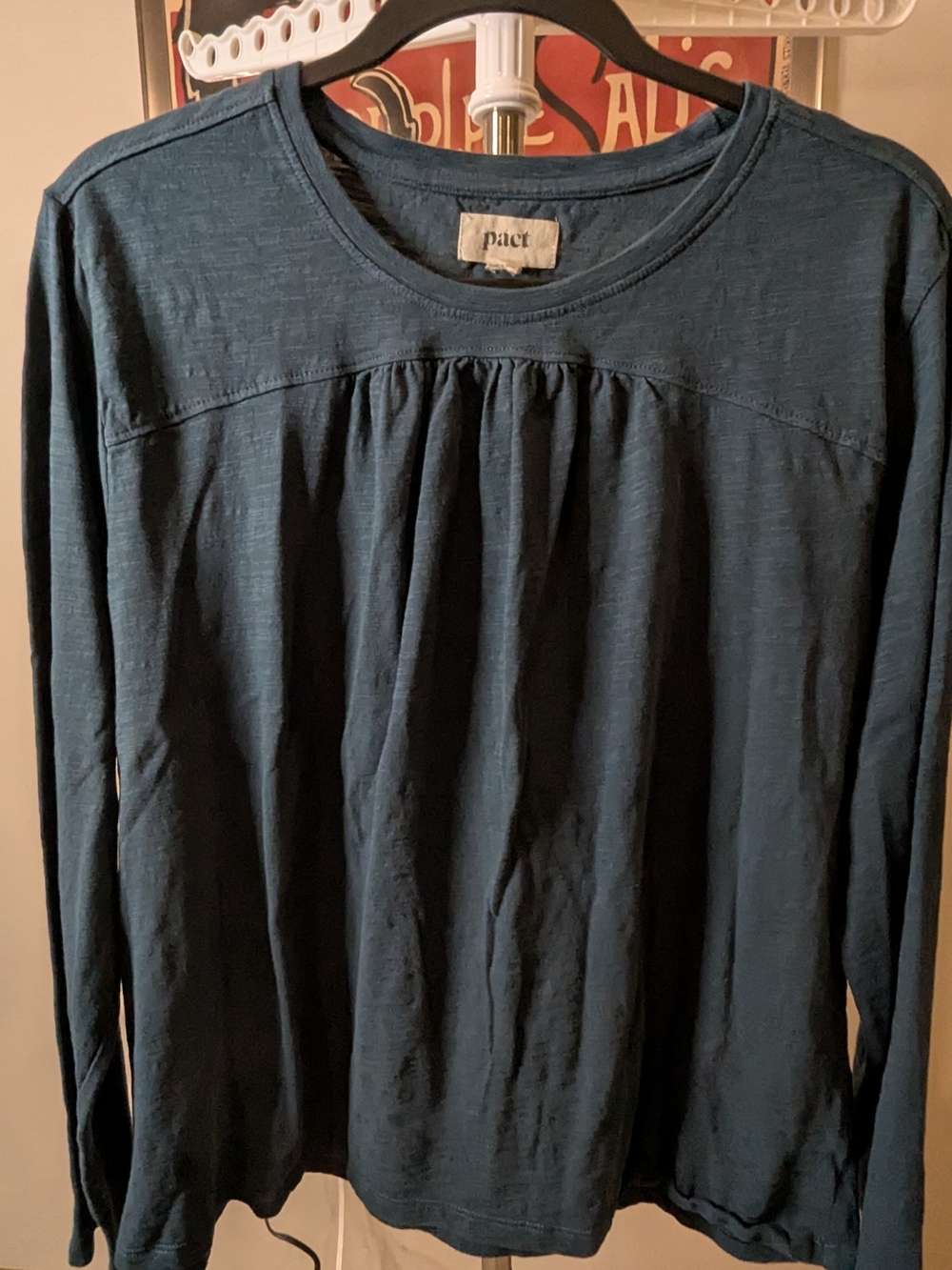 Pact Organic Size L - Cotton Slub Gathered Long Sleeve Top Teal Blue